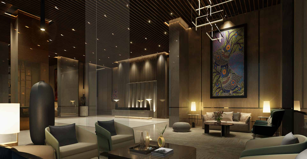 Opulent grand bedroom lounge interior ONE MARINA . MARINE LINES . MUMBAI